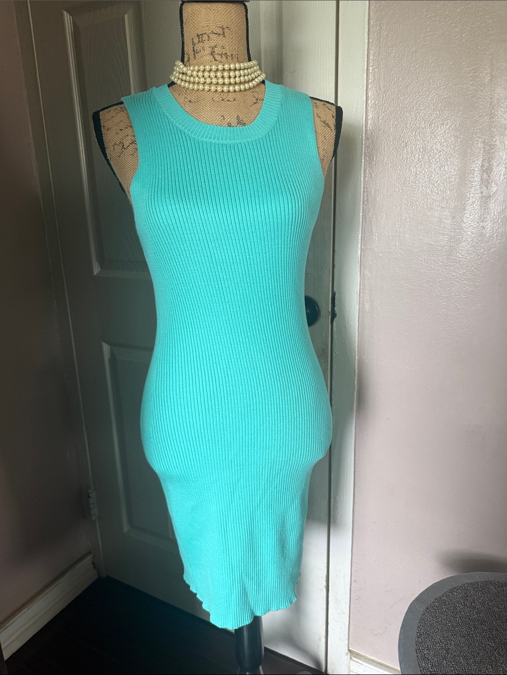 Sleeveless Ribbed Tank Dress in Aqua